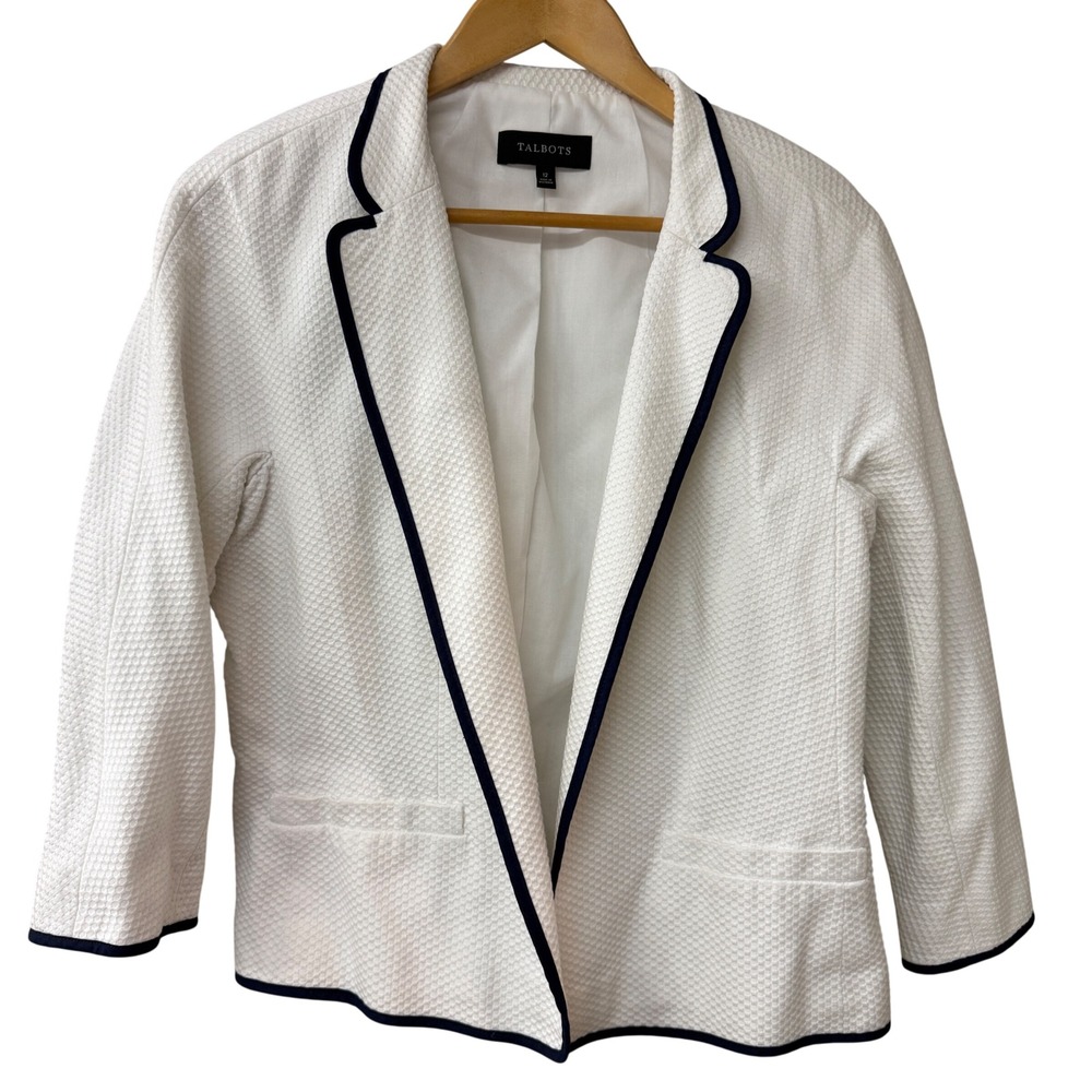 Talbots White Textured Cotton Blazer Navy Blue Piping Open Front Size 12 Office